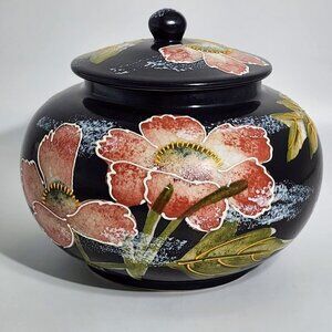 Hand-Painted Black Ceramic Jar Lid Pink & Green Floral Motif Fredrick Cooper